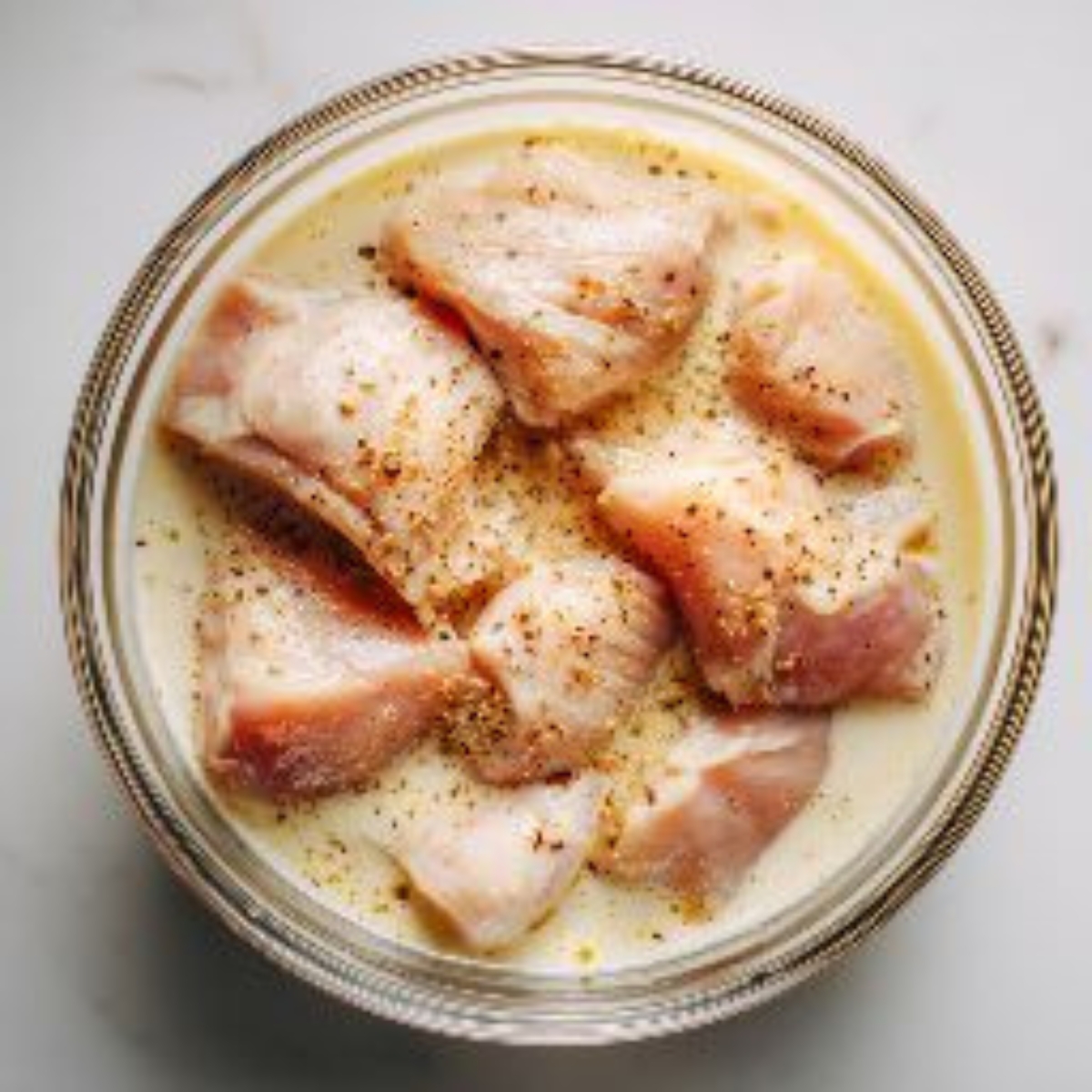 marinated chicken in buttermilk with spices on kitchen counter

