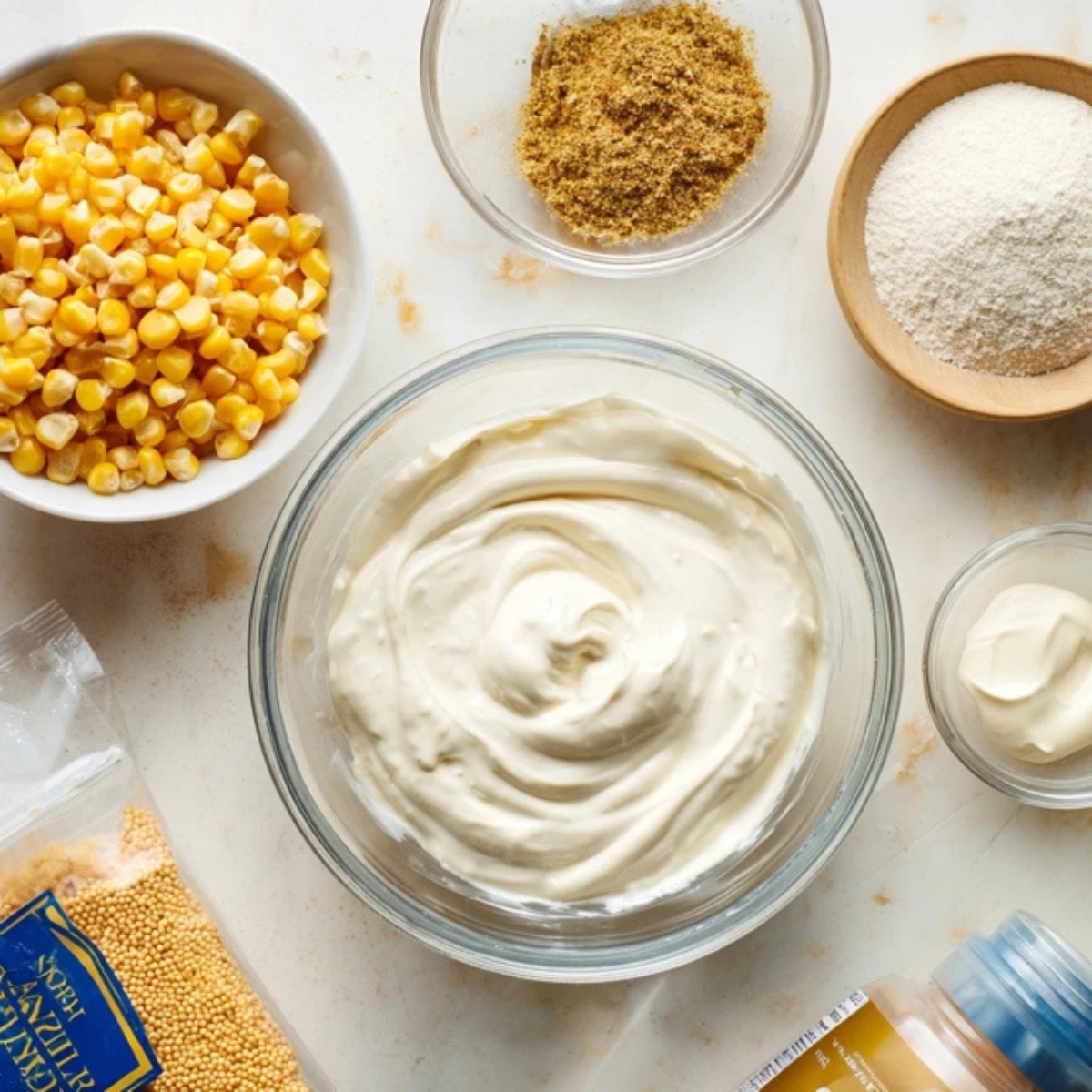 Corn, mayo, and dressing ingredients for frito corn salad on counter