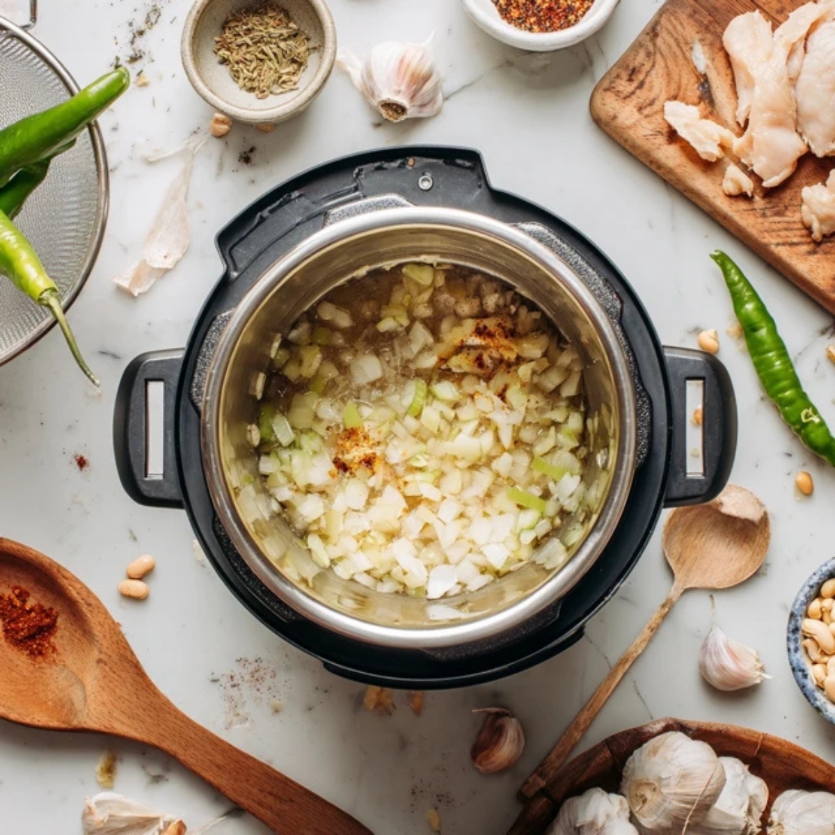  diced onion and garlic sautéing for white chicken chili