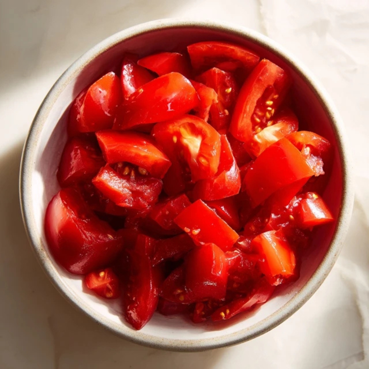 Chopped Roma tomatoes in bowl for pasta sauce