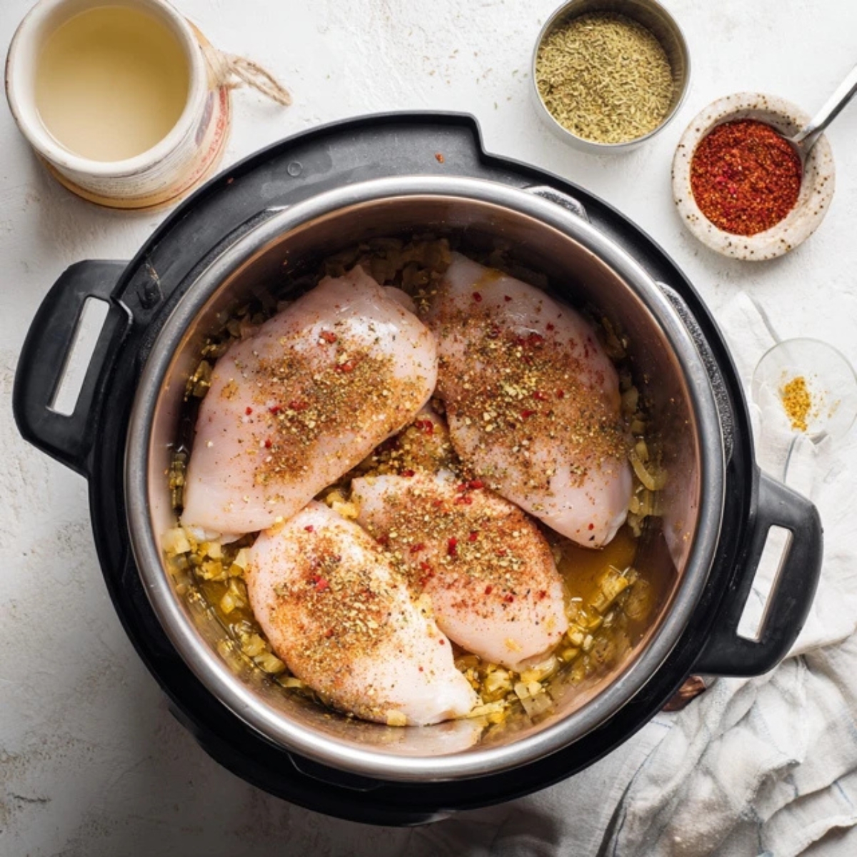 raw chicken and spices added to Instant Pot