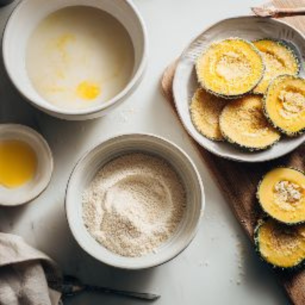 Coating station setup with squash slices, buttermilk mixture, and seasoned cornmeal