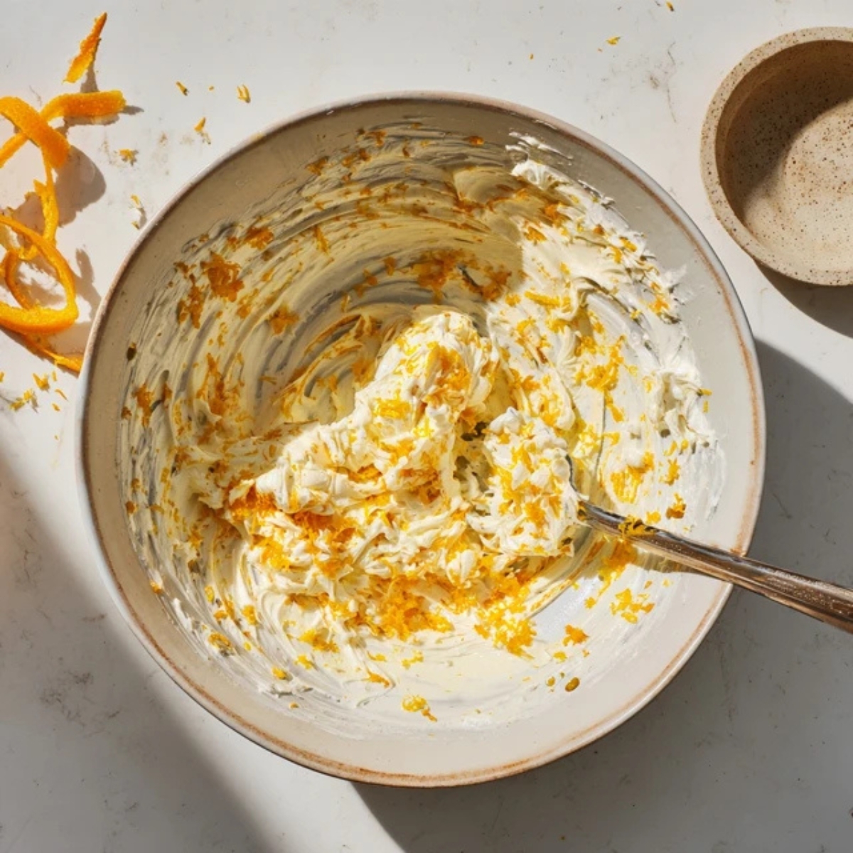 Creamed orange creamsicle cookie dough with zest and juice in mixing bowl