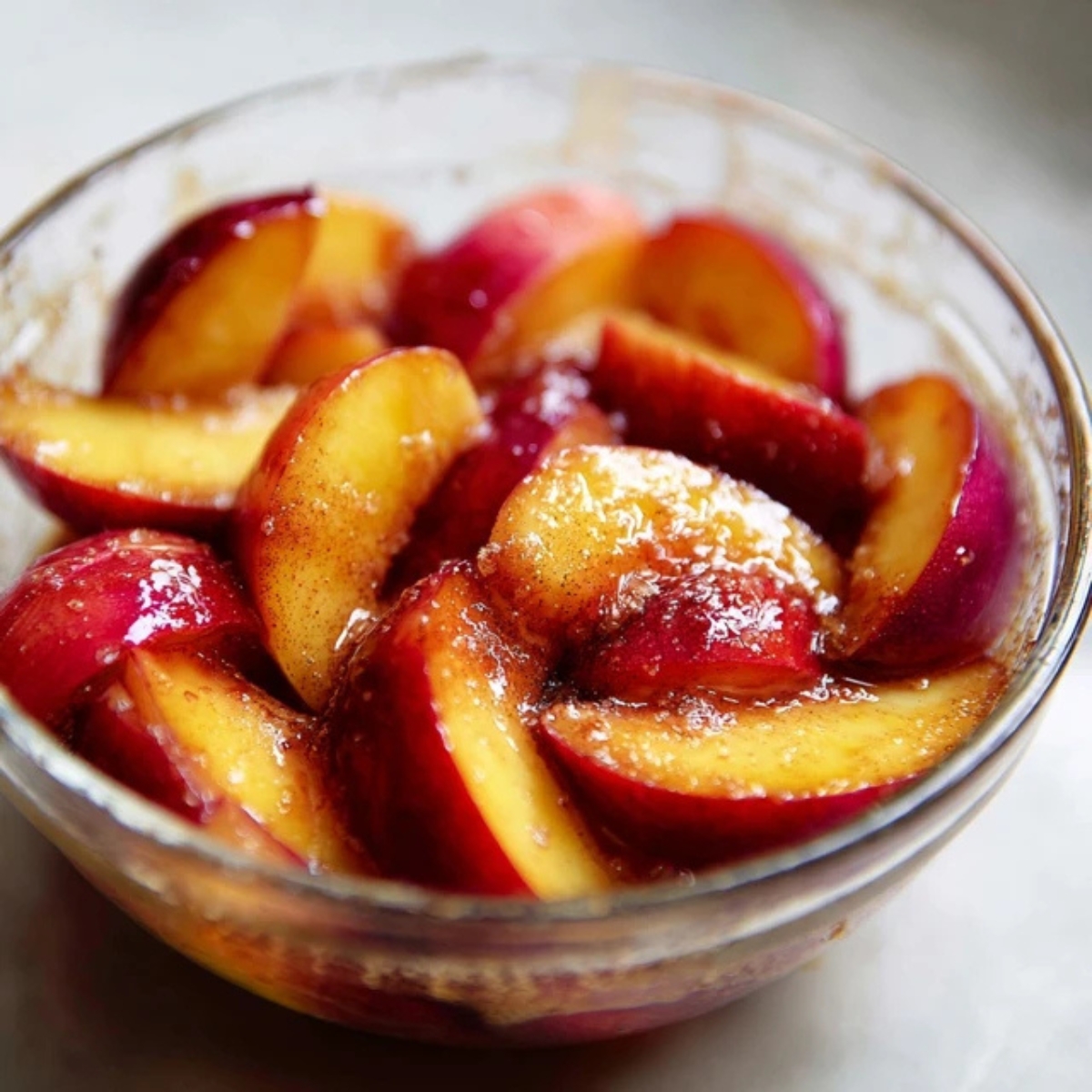 Bowl of nectarines mixed with sugar and spices

