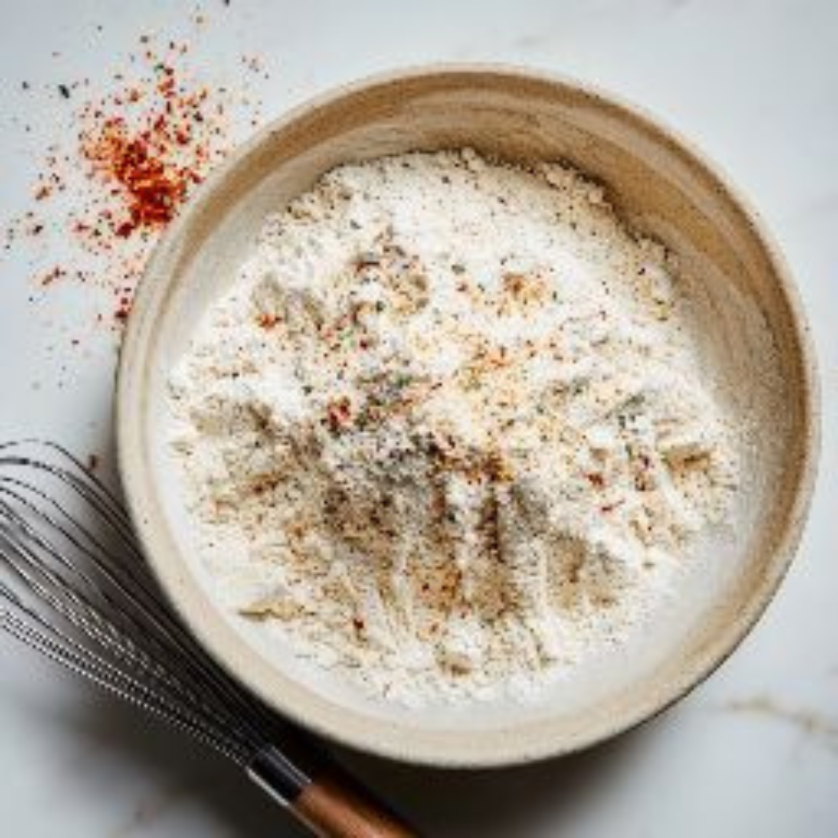 seasoned flour mixture for chicken coating on white counter


