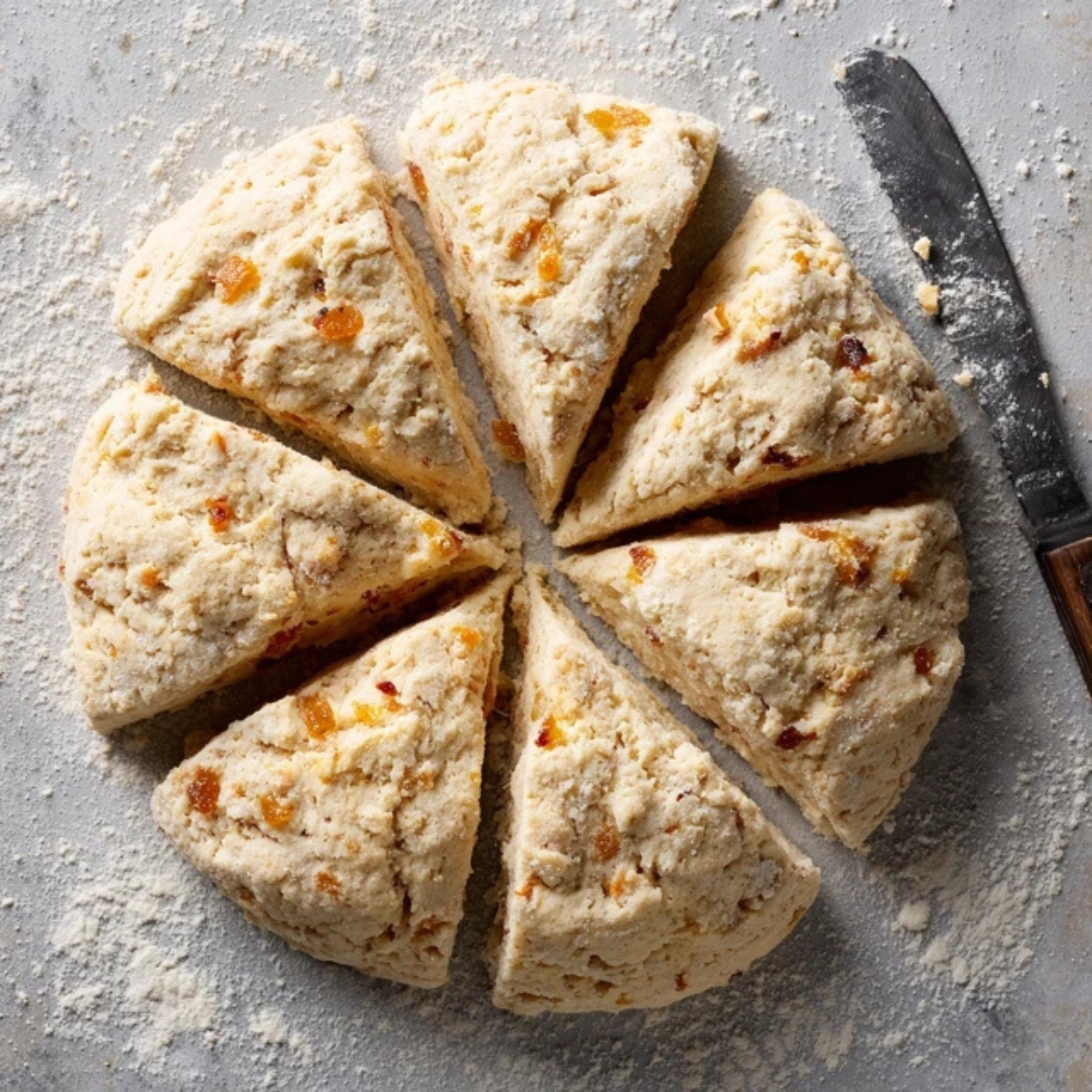 Rustic apricot scone dough cut into 8 wedges on floured counter

