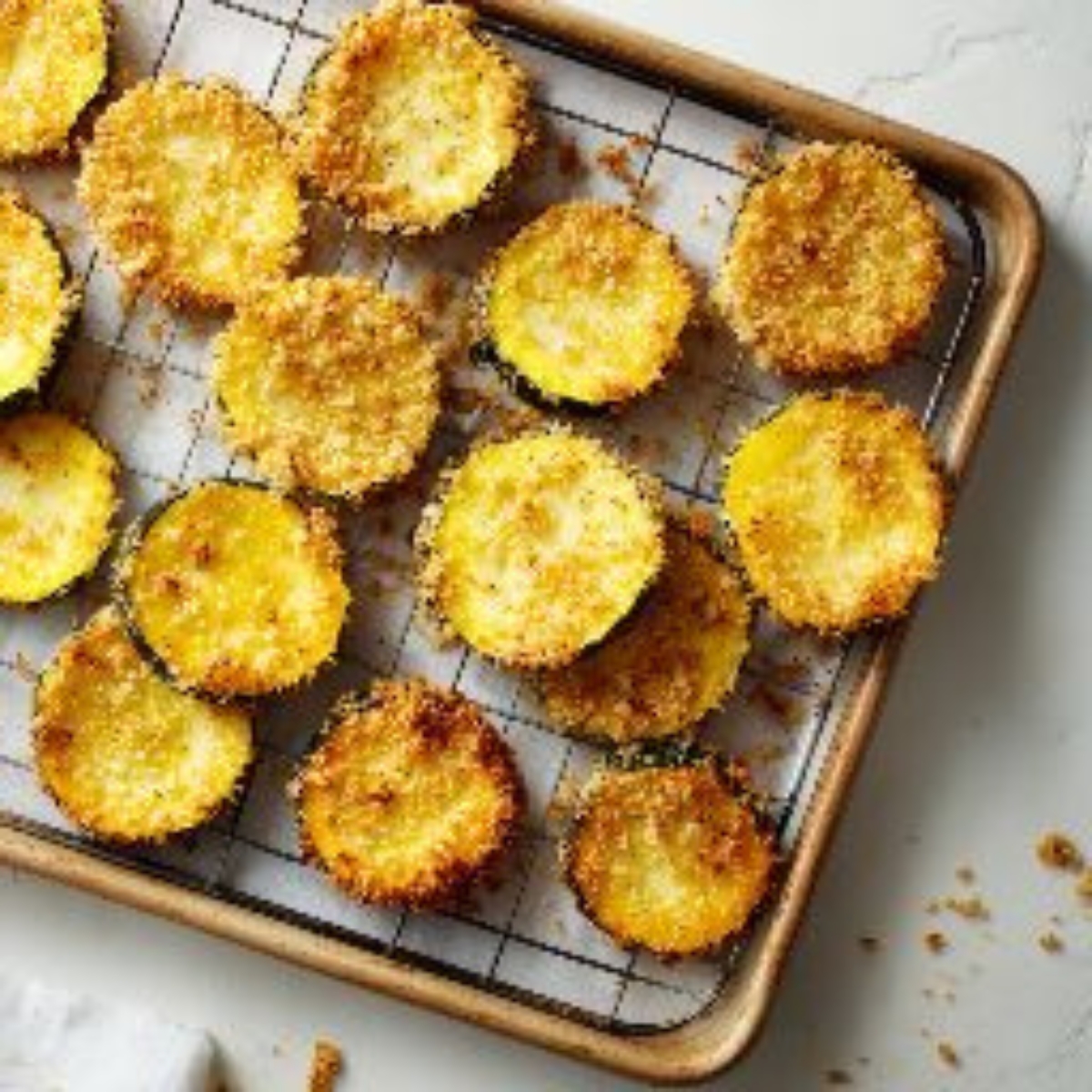 Breaded squash slices resting on a wire rack ready for frying