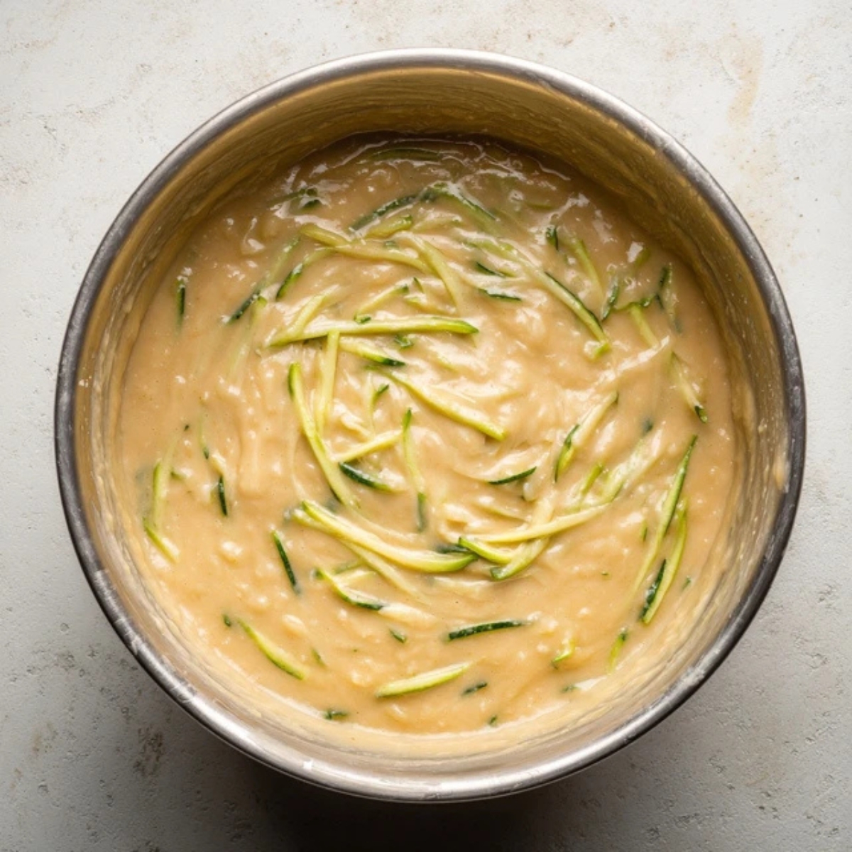 Wet ingredients with grated zucchini mixed in a bowl