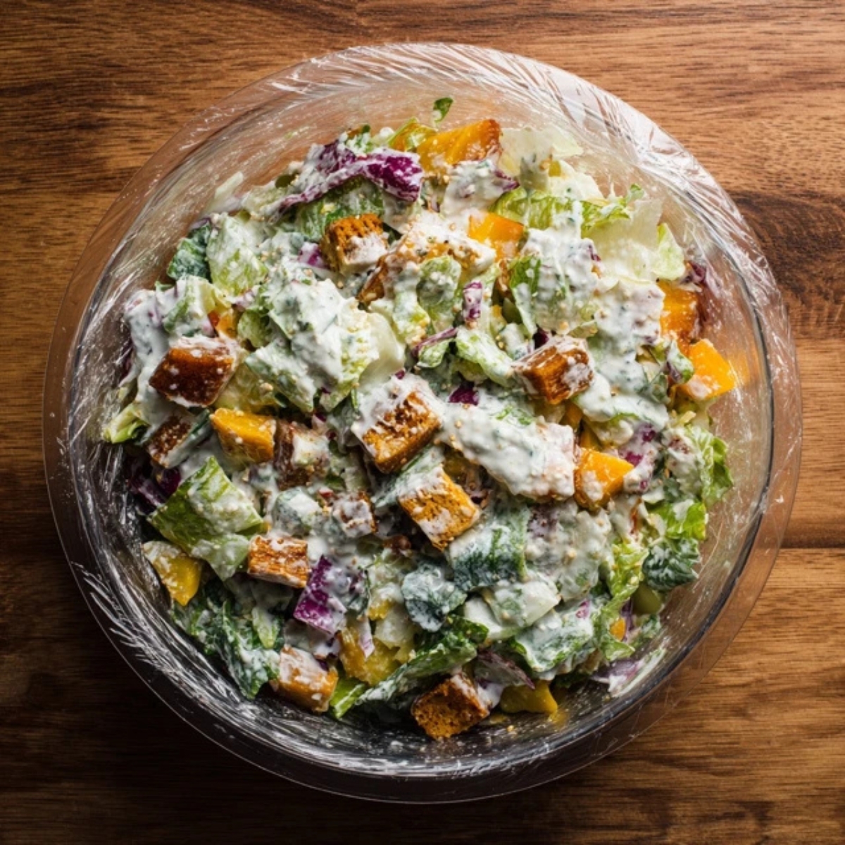 Mixed frito corn salad in creamy dressing before chilling