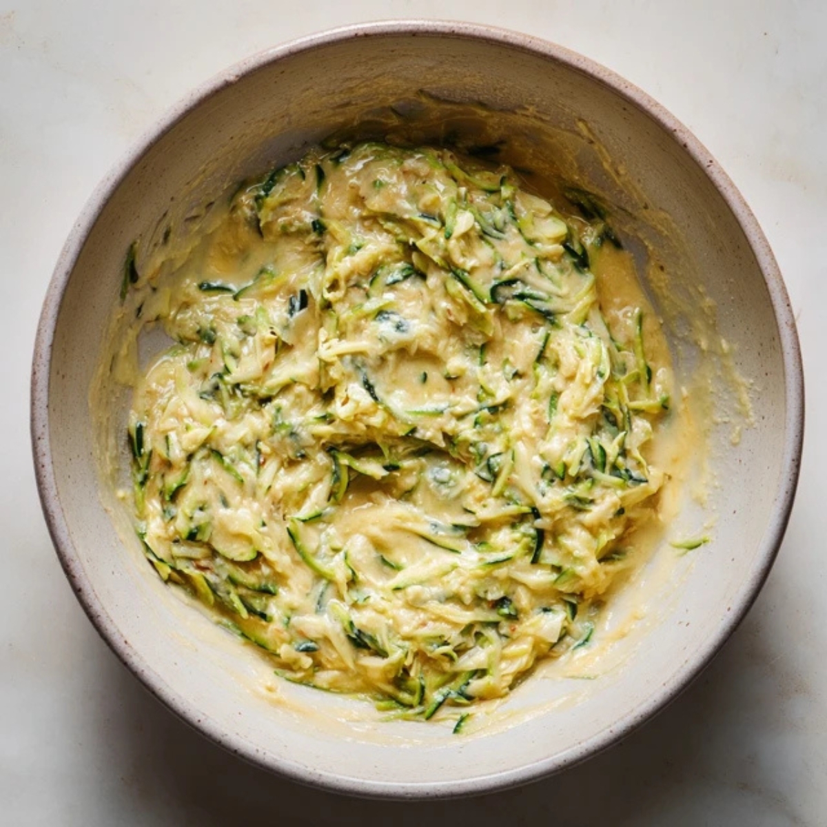 Wet ingredients with zucchini mixed in a bowl on counter