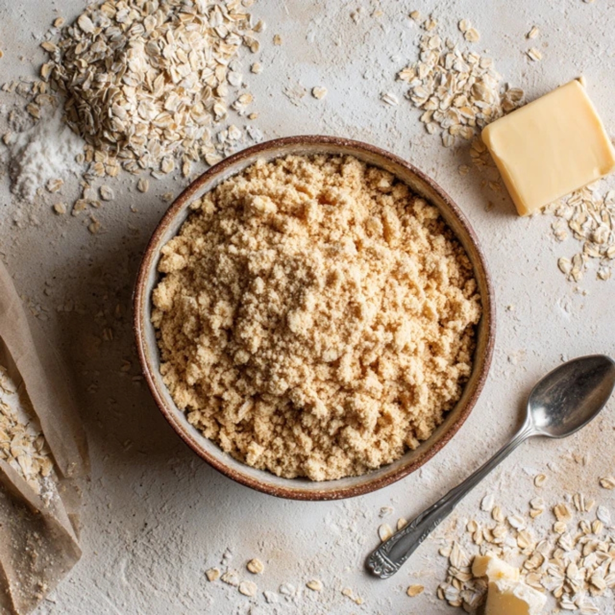 Crisp topping made with oats and butter in mixing bowl

