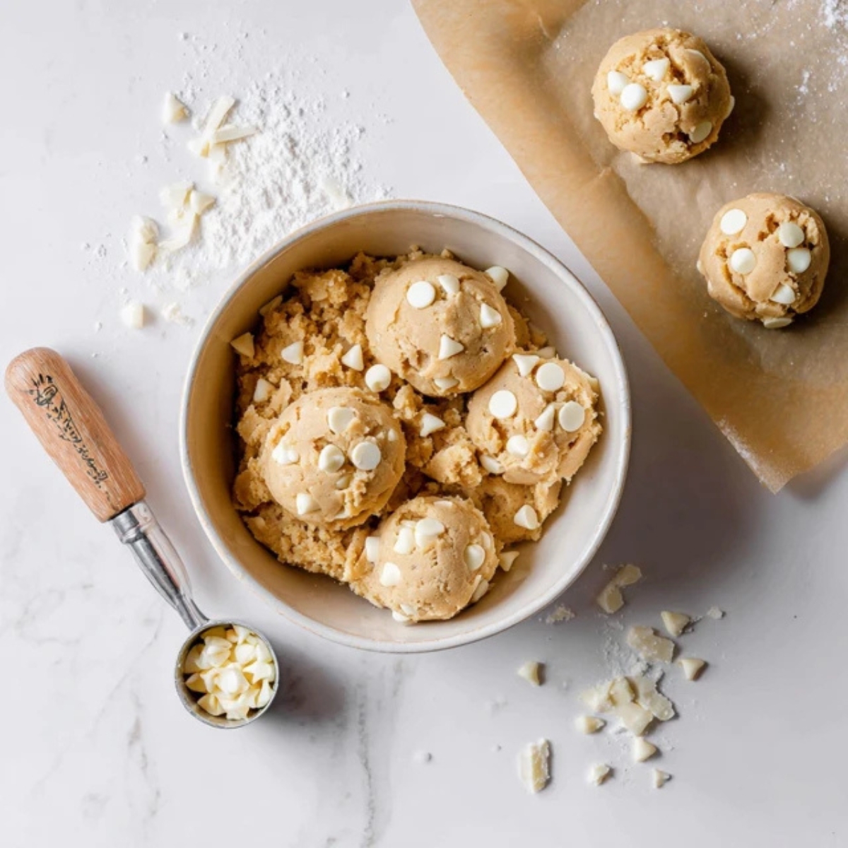 Scooped orange creamsicle cookie dough with white chocolate chips on baking tray