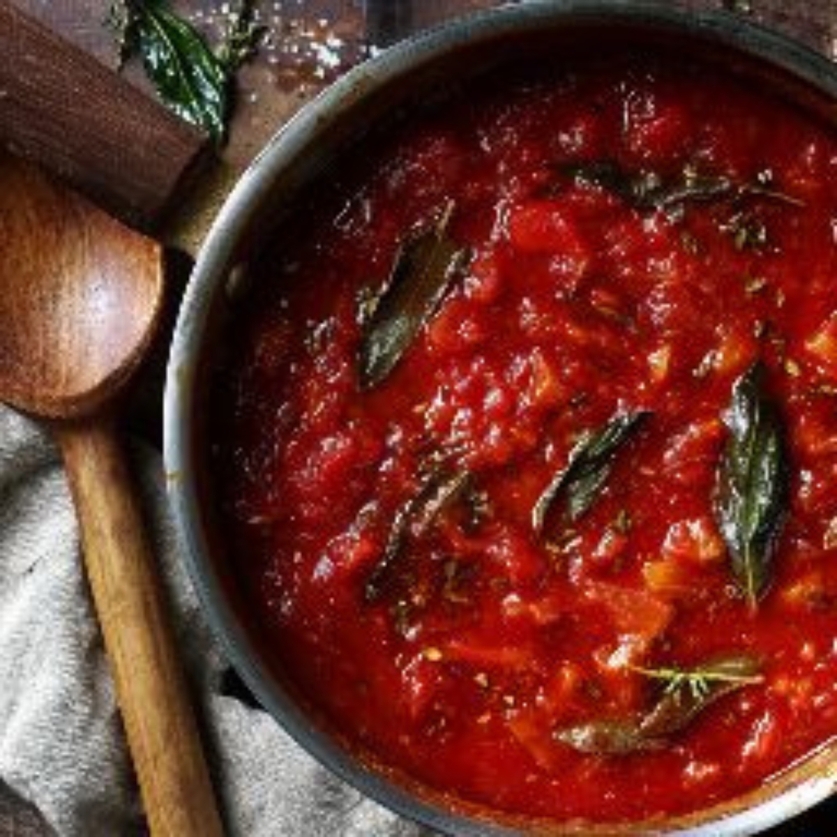 Tomato basil sauce simmering with herbs