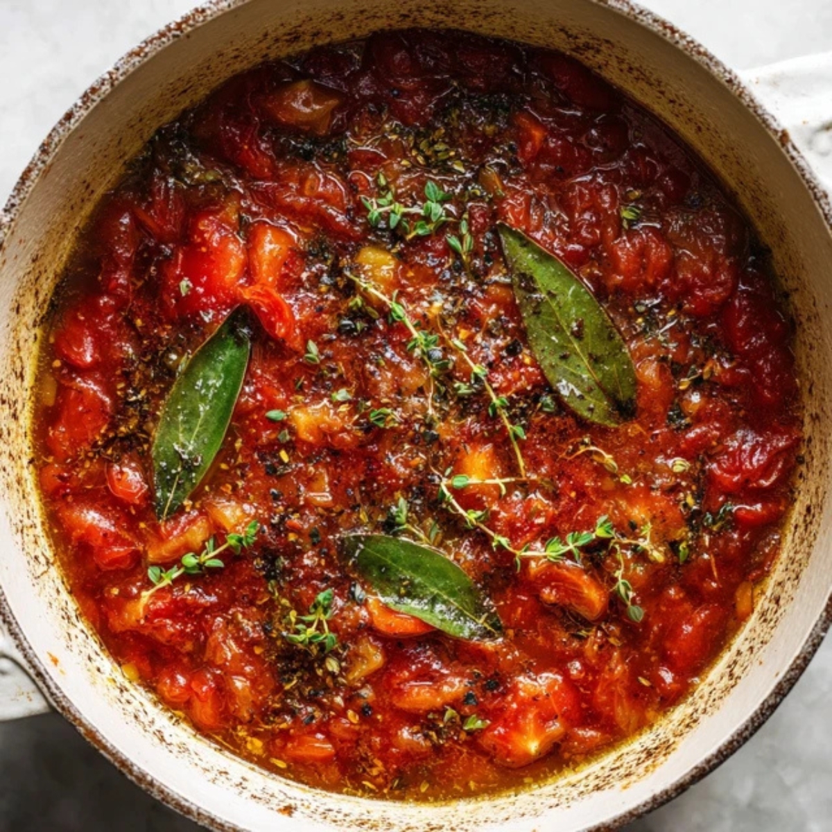 Chopped tomatoes and herbs simmering in a Dutch oven, beginning to thicken.

