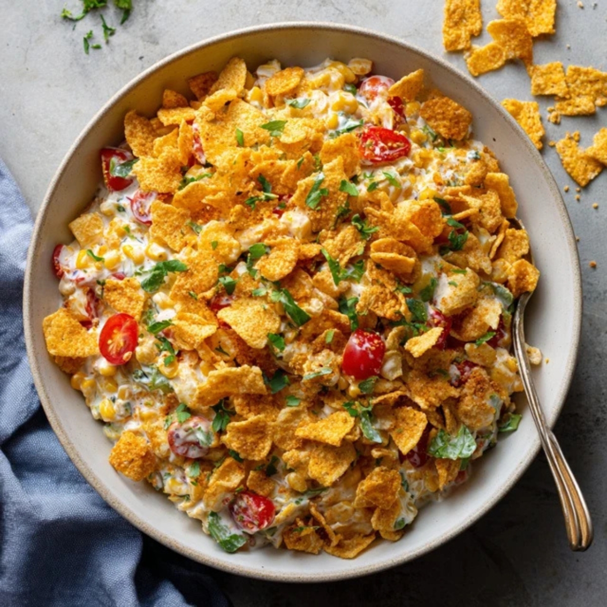 Homemade frito corn salad in bowl topped with crushed Fritos

