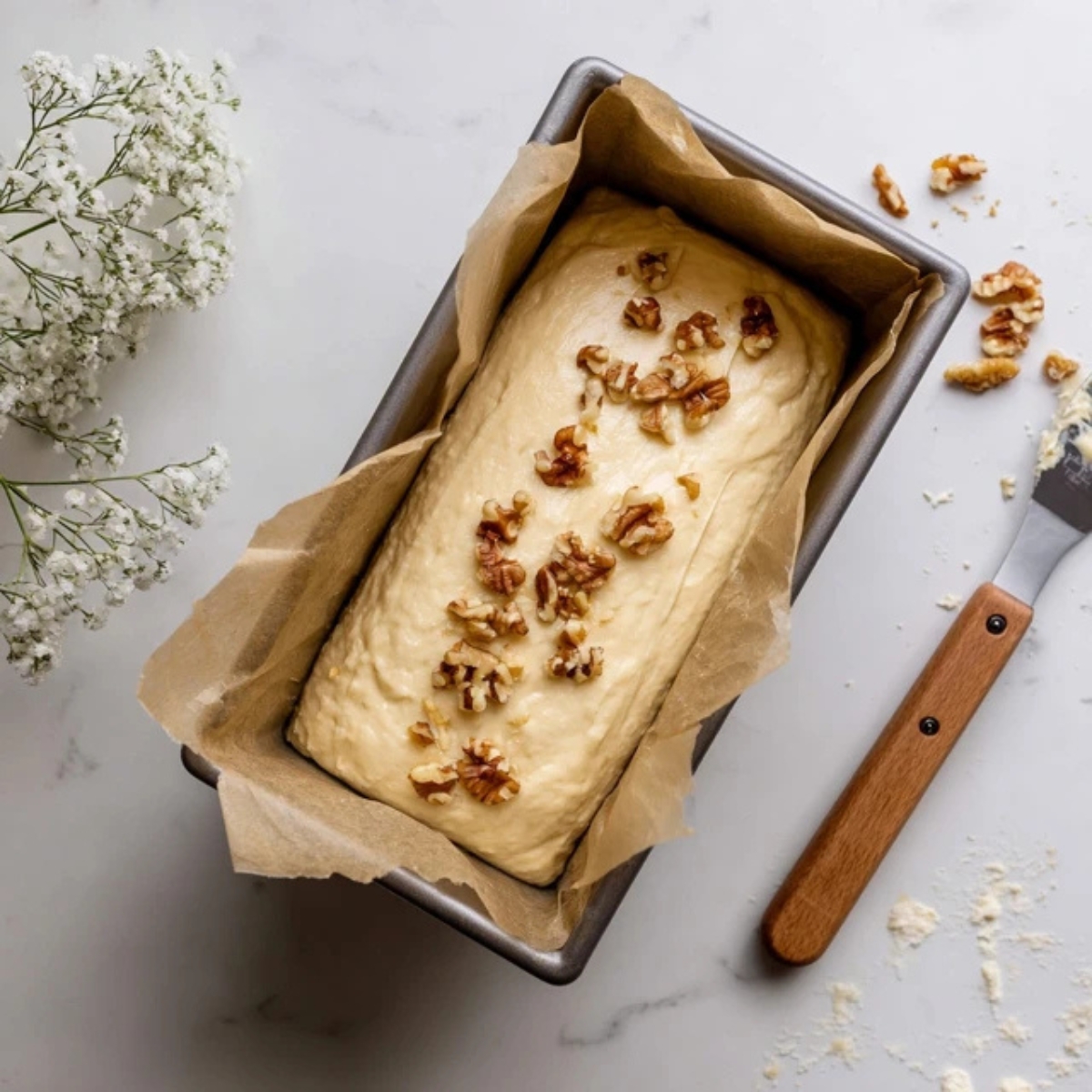 Loaf pan filled with zucchini bread batter ready to bake