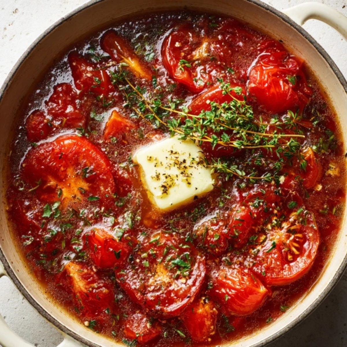 Finished stewed tomatoes with herbs and butter, thickened and ready to serve.

