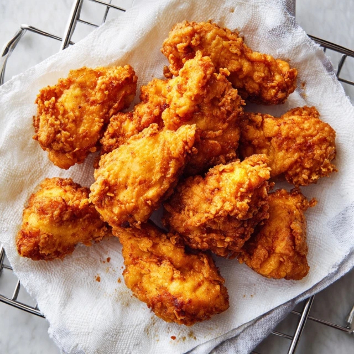 freshly fried crunchy chicken draining on paper towel