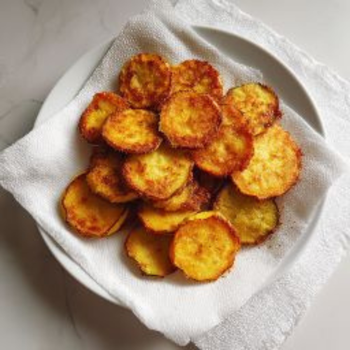 Golden fried squash slices draining on paper towels after frying
