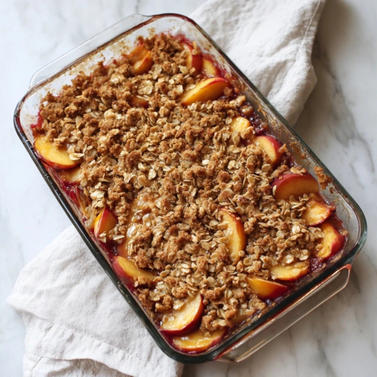 Golden baked nectarine crisp bubbling in glass dish

