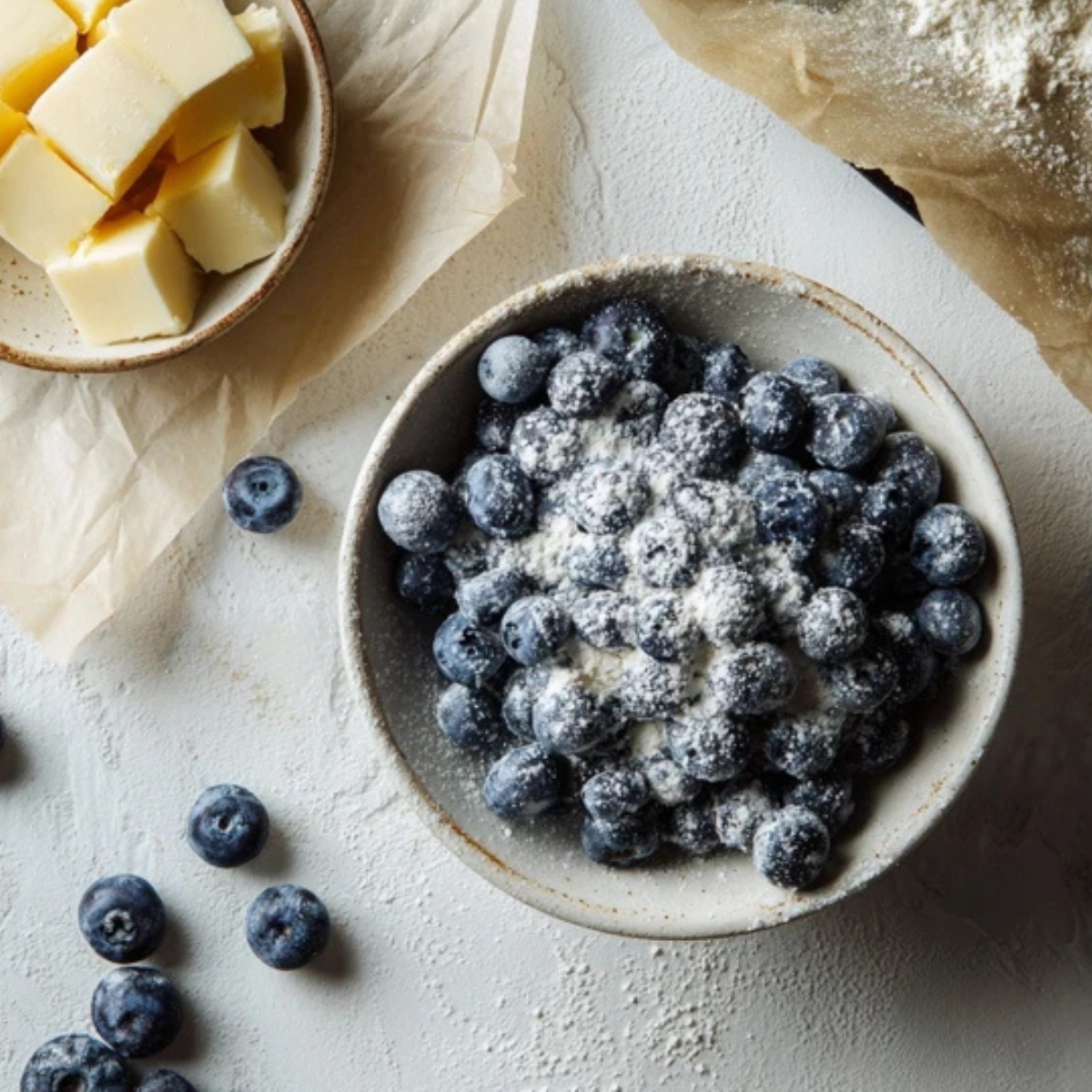 Floured blueberries and cubed butter on kitchen counter
