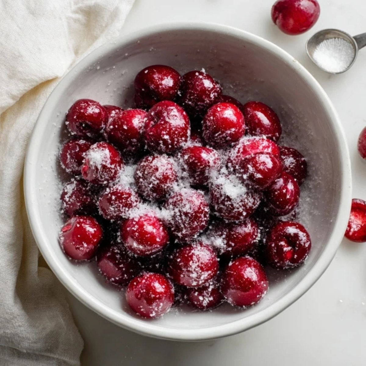  Cherry pie filling in a white bowl with sugar and lemon juice on a kitchen counter