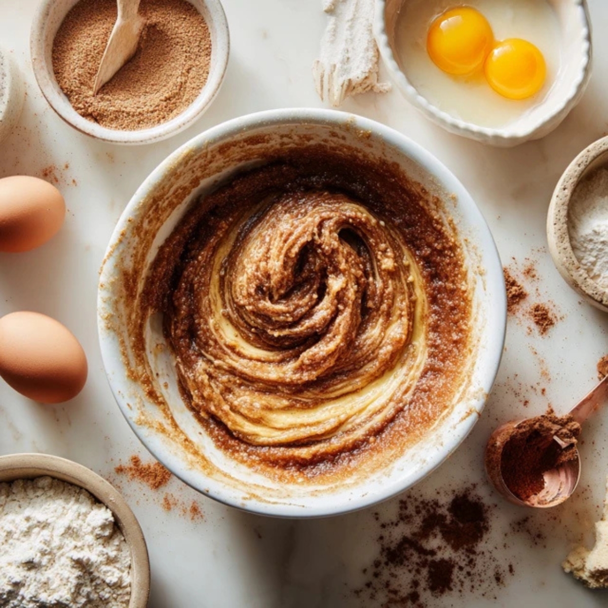 Cinnamon swirl ingredients being mixed for peach bread recipe