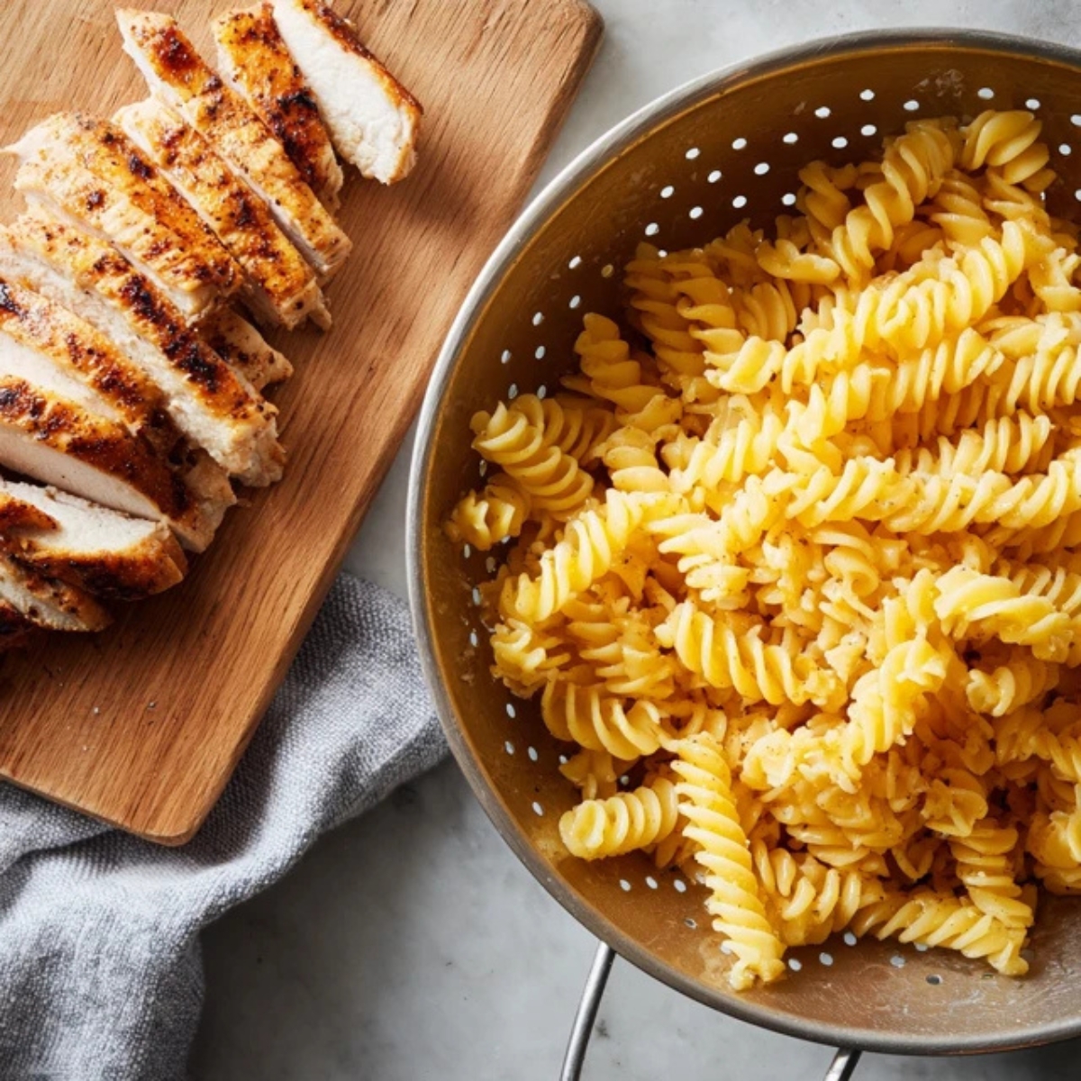 sliced grilled chicken and drained rotini pasta on kitchen counter