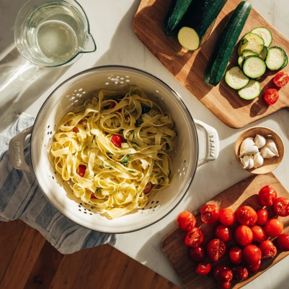 Sliced zucchini, cherry tomatoes, garlic, and cooked pasta on counter


