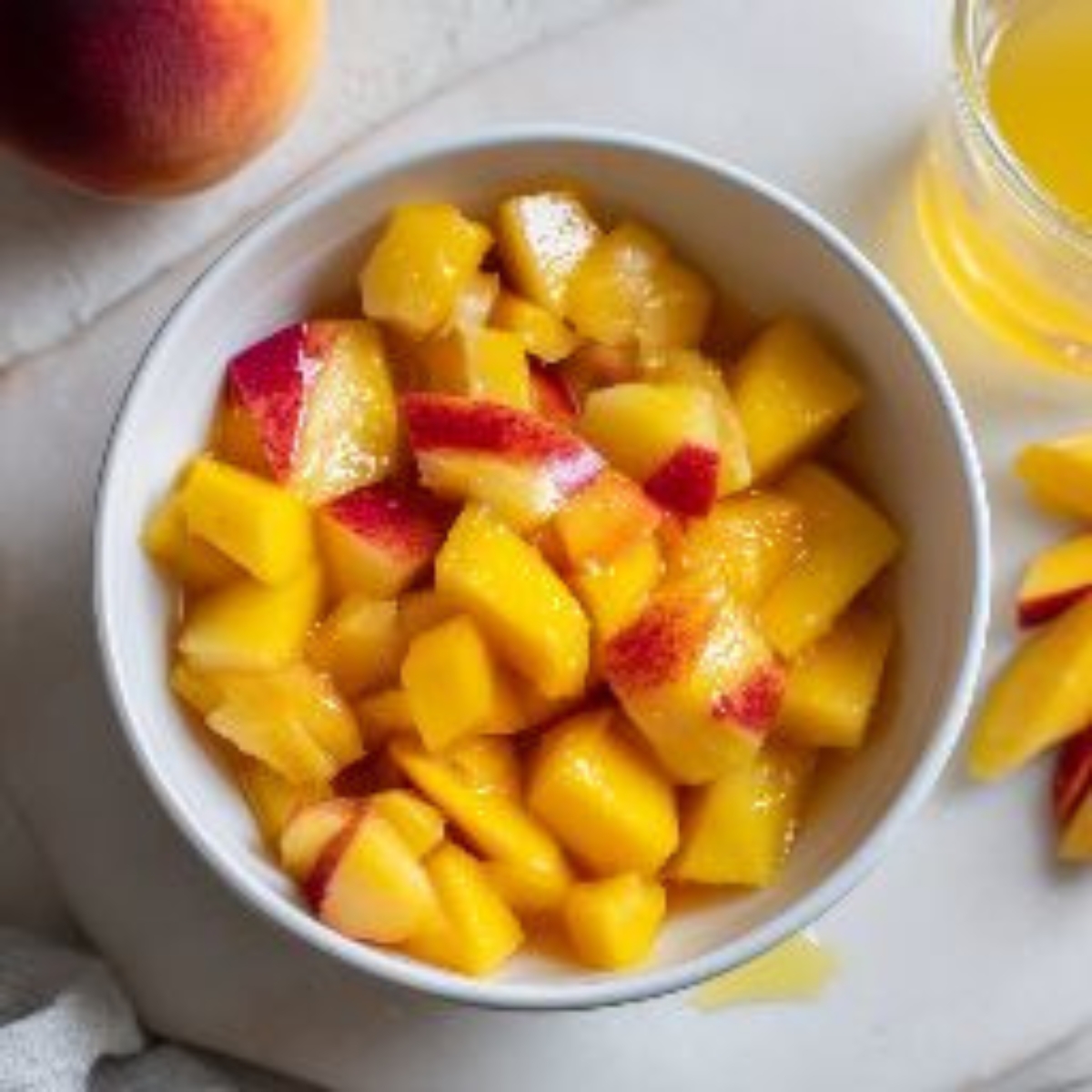 Diced peaches and mango in a bowl on white counter

