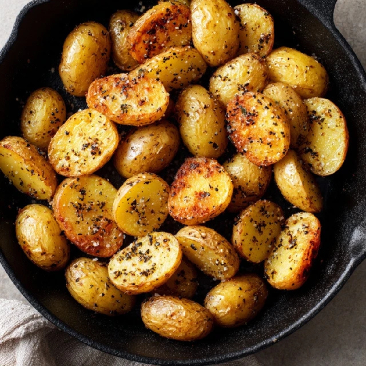 Golden baby potatoes cooking in skillet on white counter

