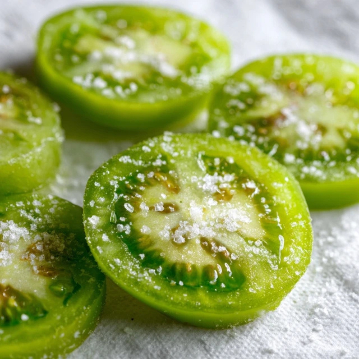 sliced green tomatoes salted on paper towels