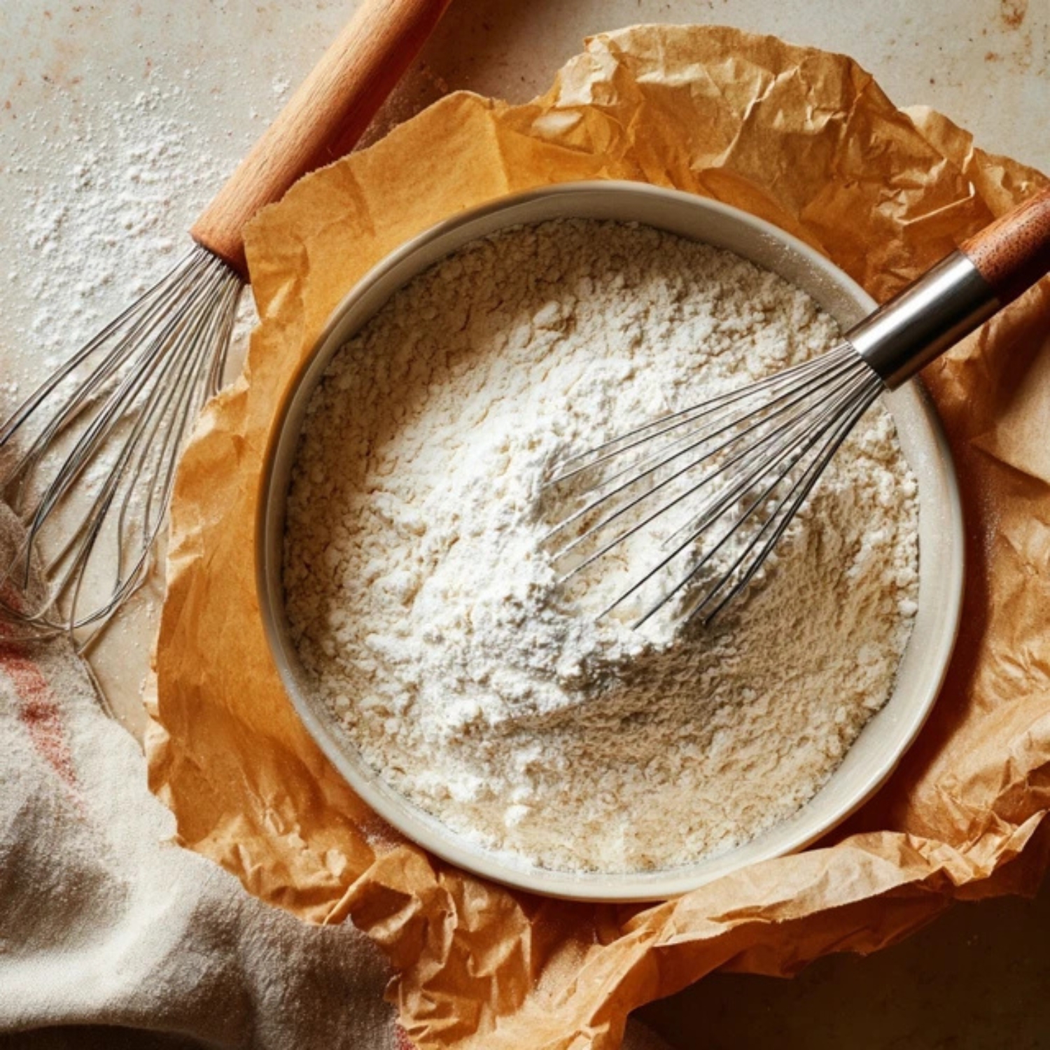 Dry ingredients mixed in bowl on white counter