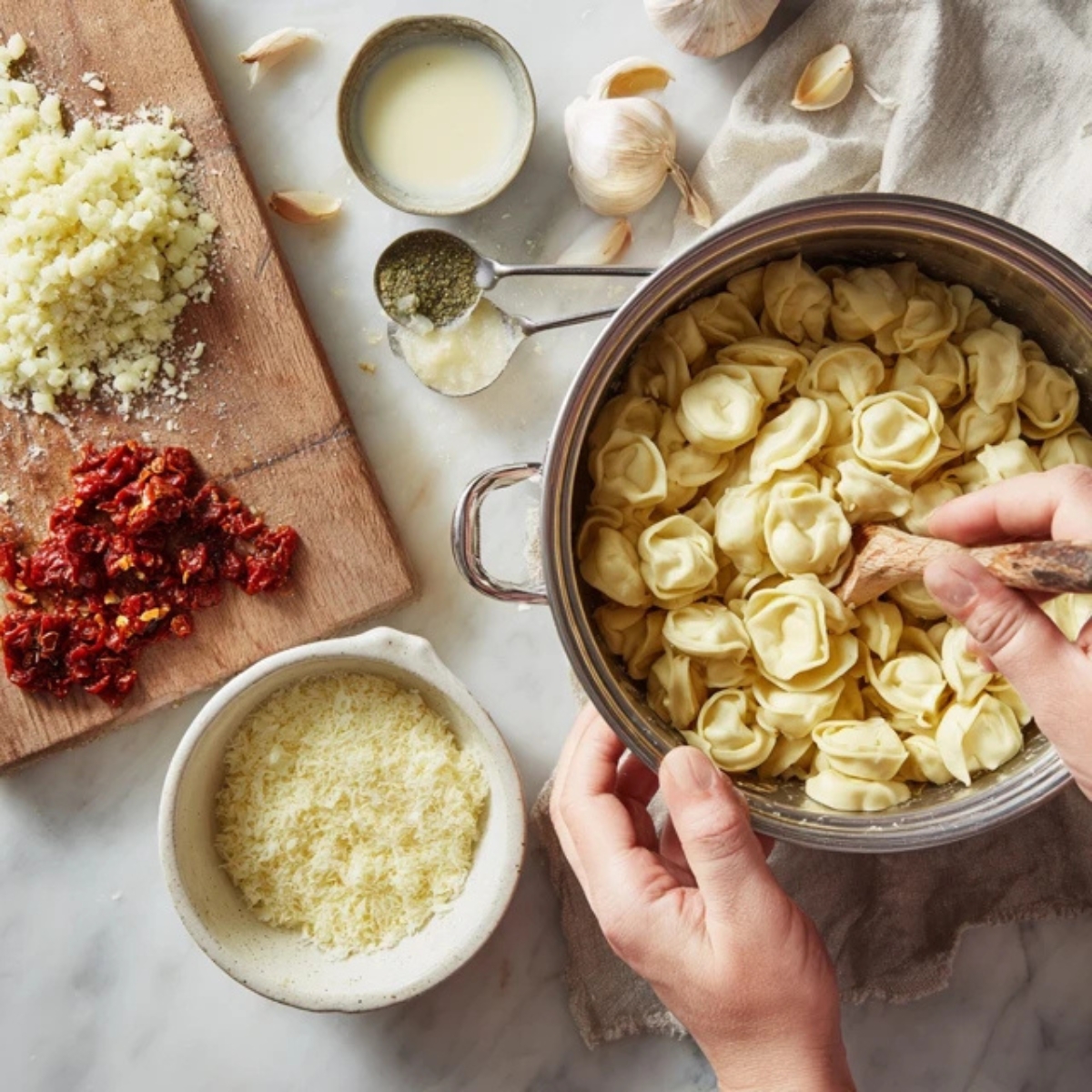 homemade tortellini prep with garlic and sun-dried tomatoes on counter