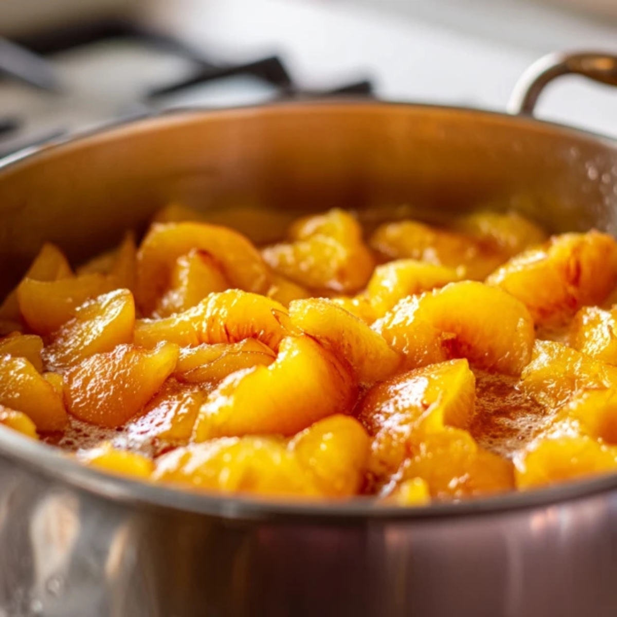 chopped and simmered peaches in pot on white kitchen counter