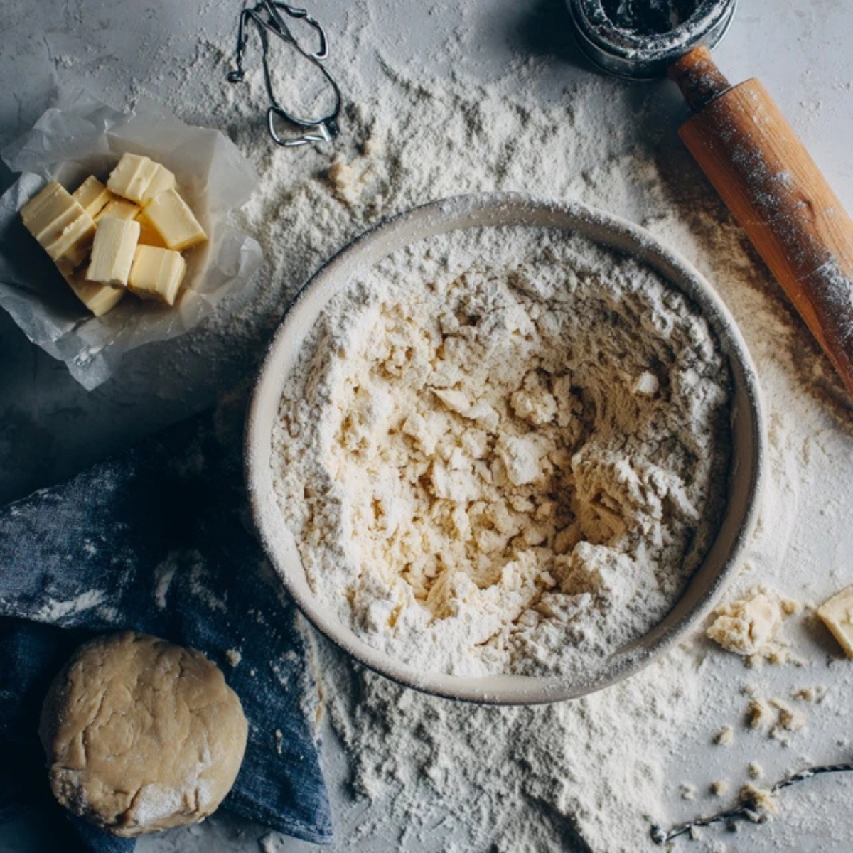 Homemade pie dough with visible butter chunks on a white kitchen counter