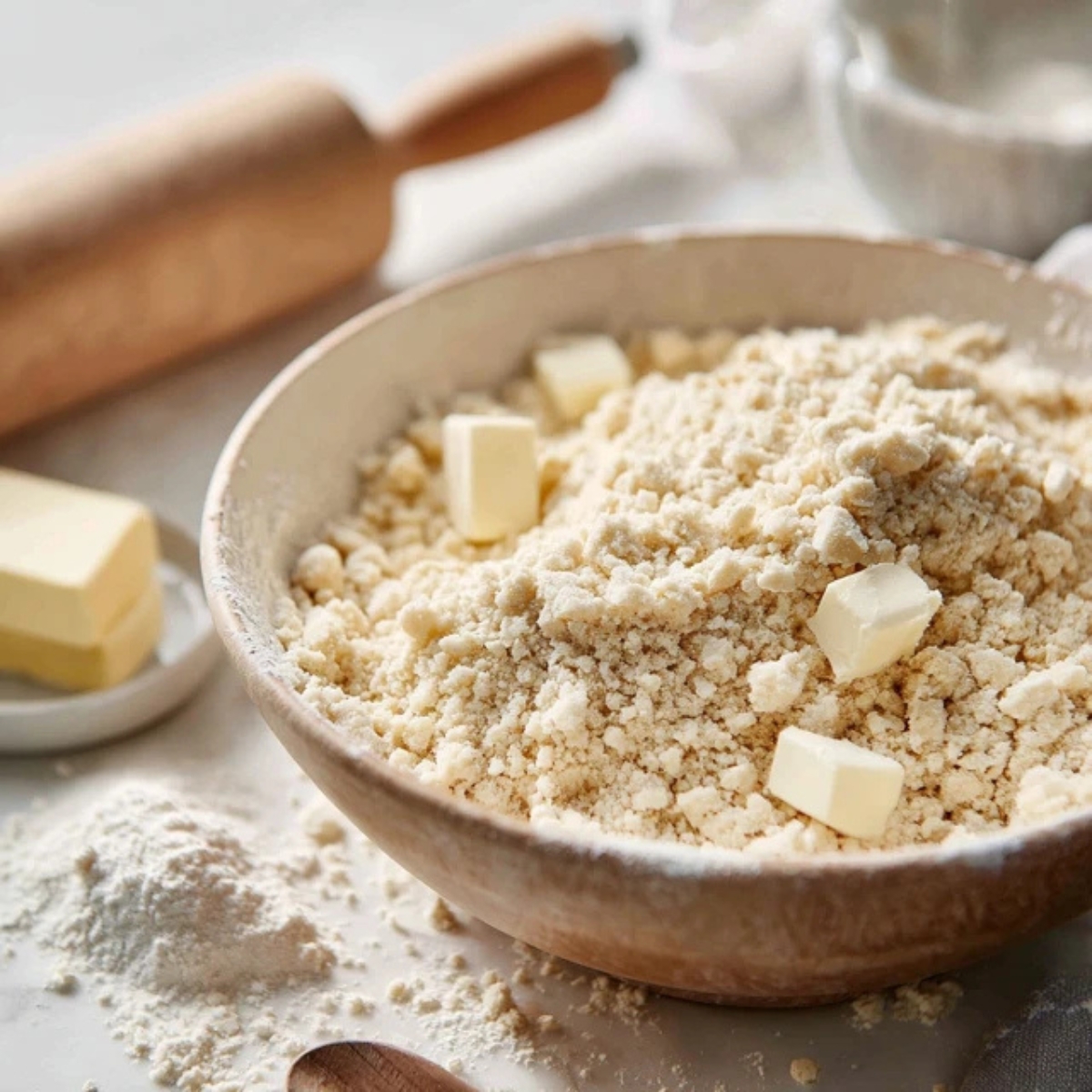 Crumbly pie dough in mixing bowl with butter visible