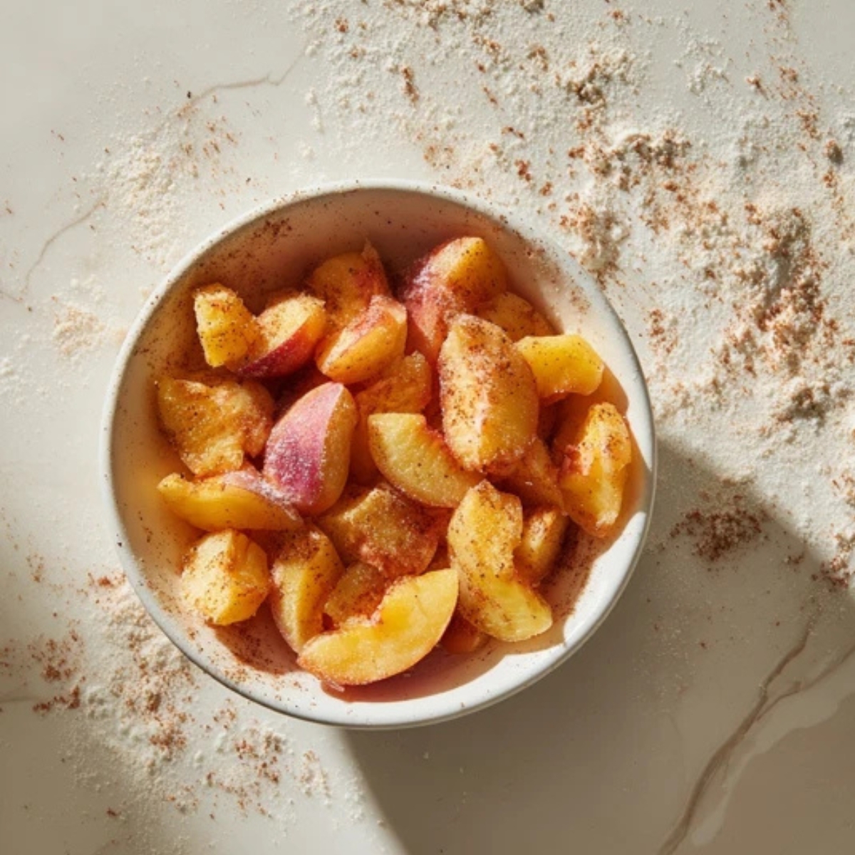 diced peaches with cinnamon and on white counter