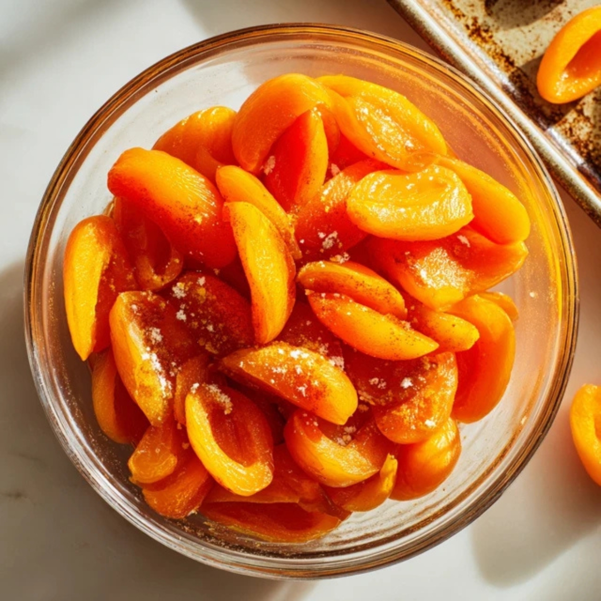 Sliced fresh apricots mixed with sugar and spices in a bowl