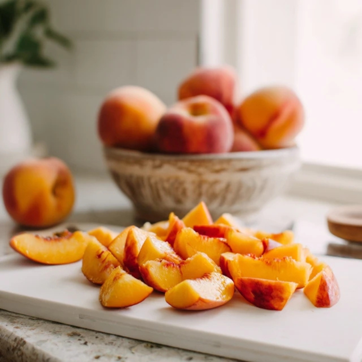 chopped fresh peaches on white counter for homemade jam