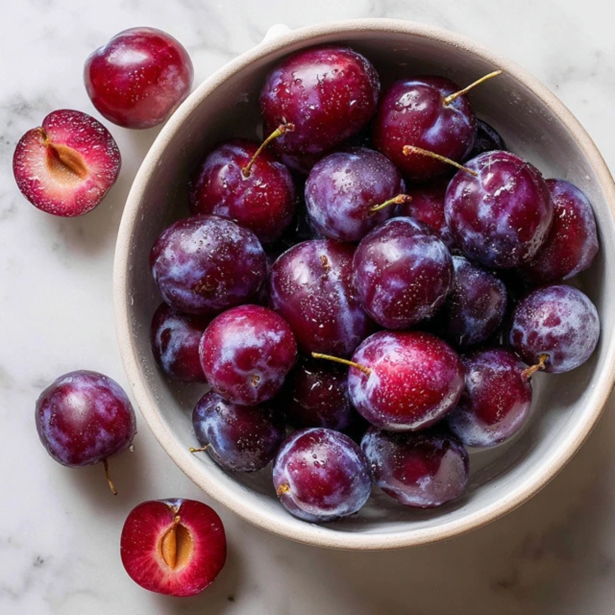 Fresh plums halved and ready to cook on white kitchen counter

