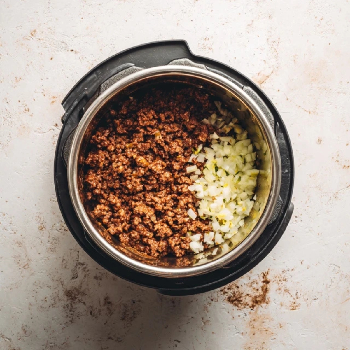 browned beef, onions, and garlic in instant pot