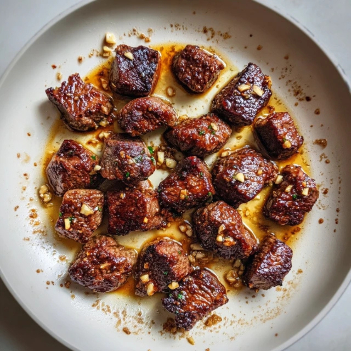 Seared steak pieces in skillet on white counter