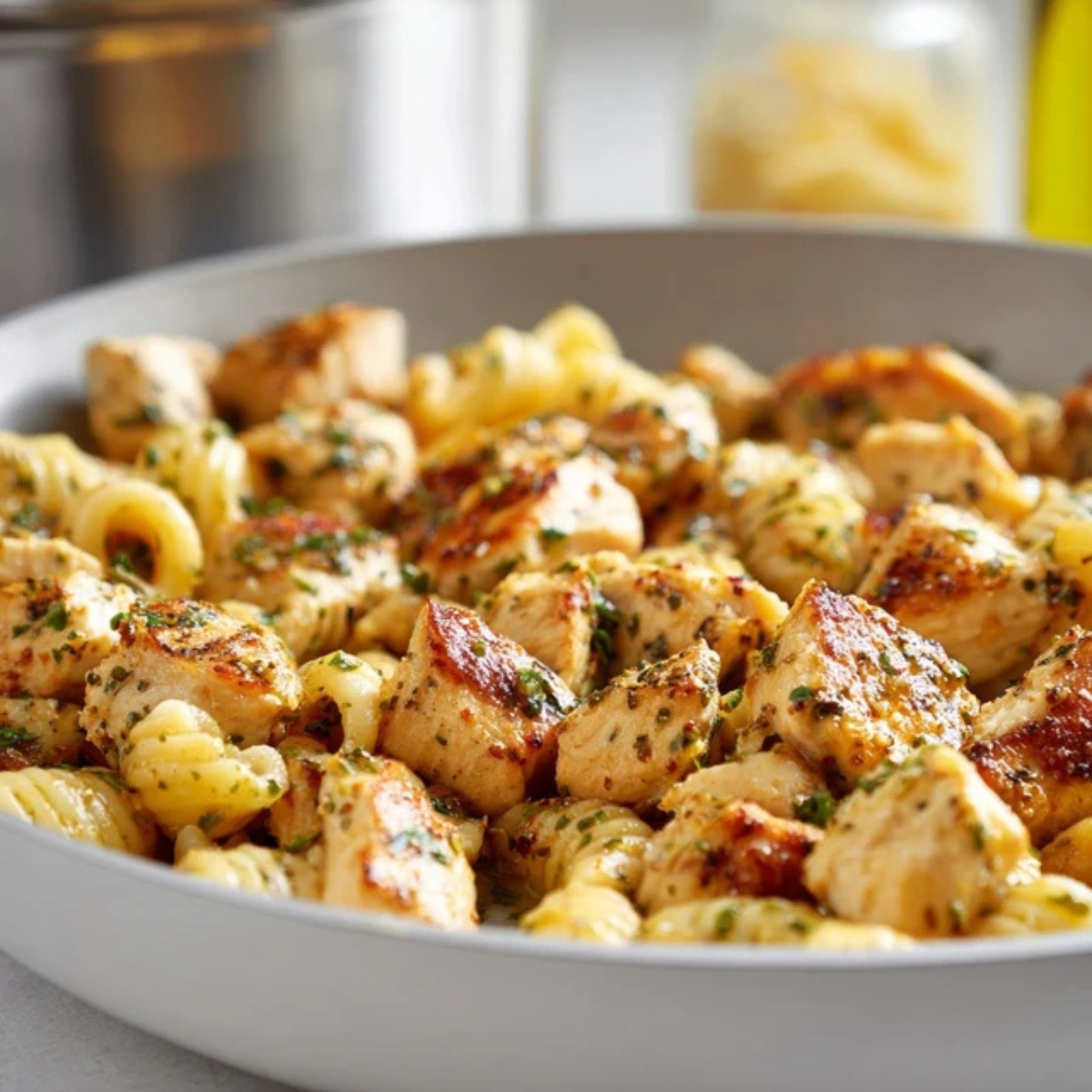 closeup of cooked seasoned chicken on white skillet