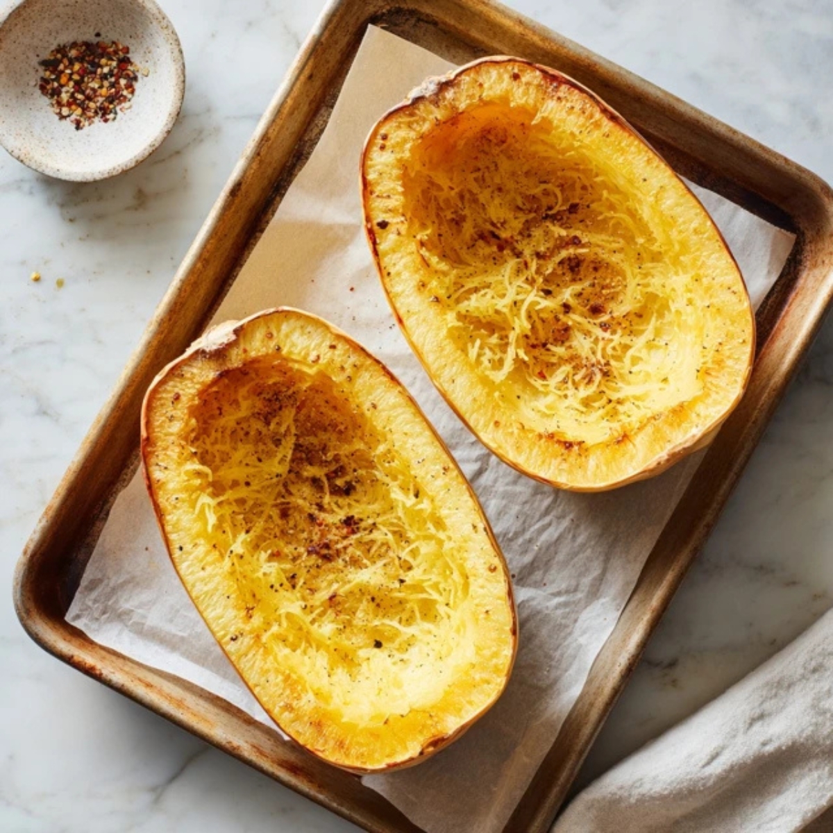 roasted spaghetti squash on tray, top-down view