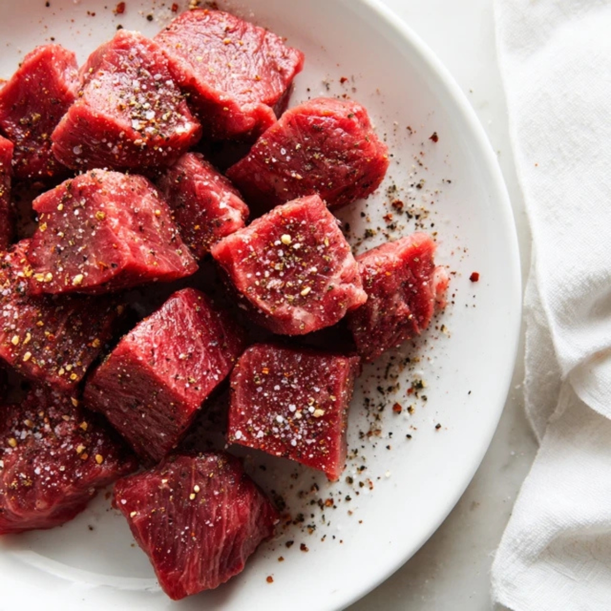 seasoned raw steak bites on white plate with paprika and black pepper