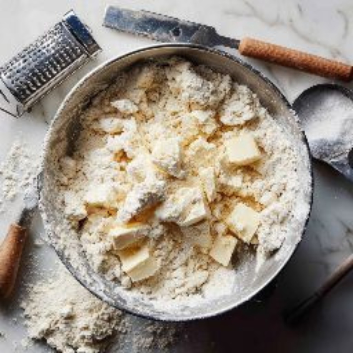Butter and flour mixture in a mixing bowl with crumb texture