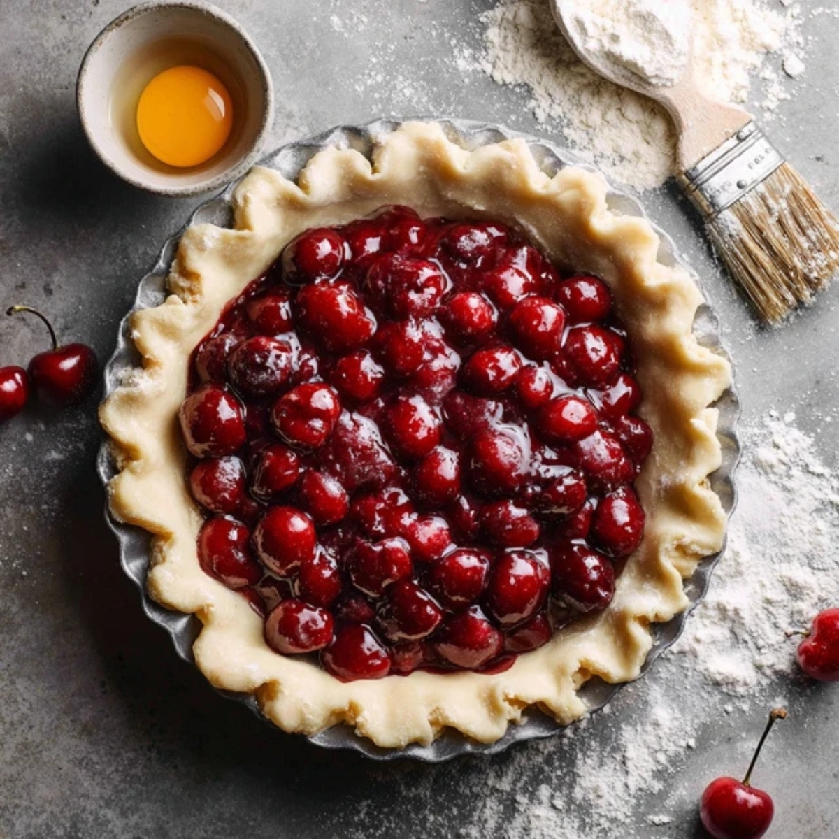 Cherry filling in pie crust on white kitchen counter