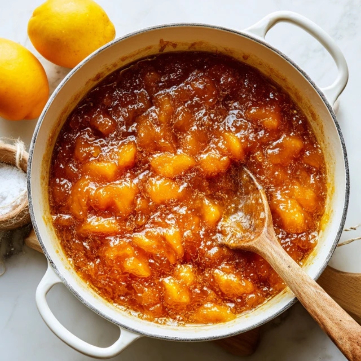 bubbling peach jam cooking in pot on stovetop