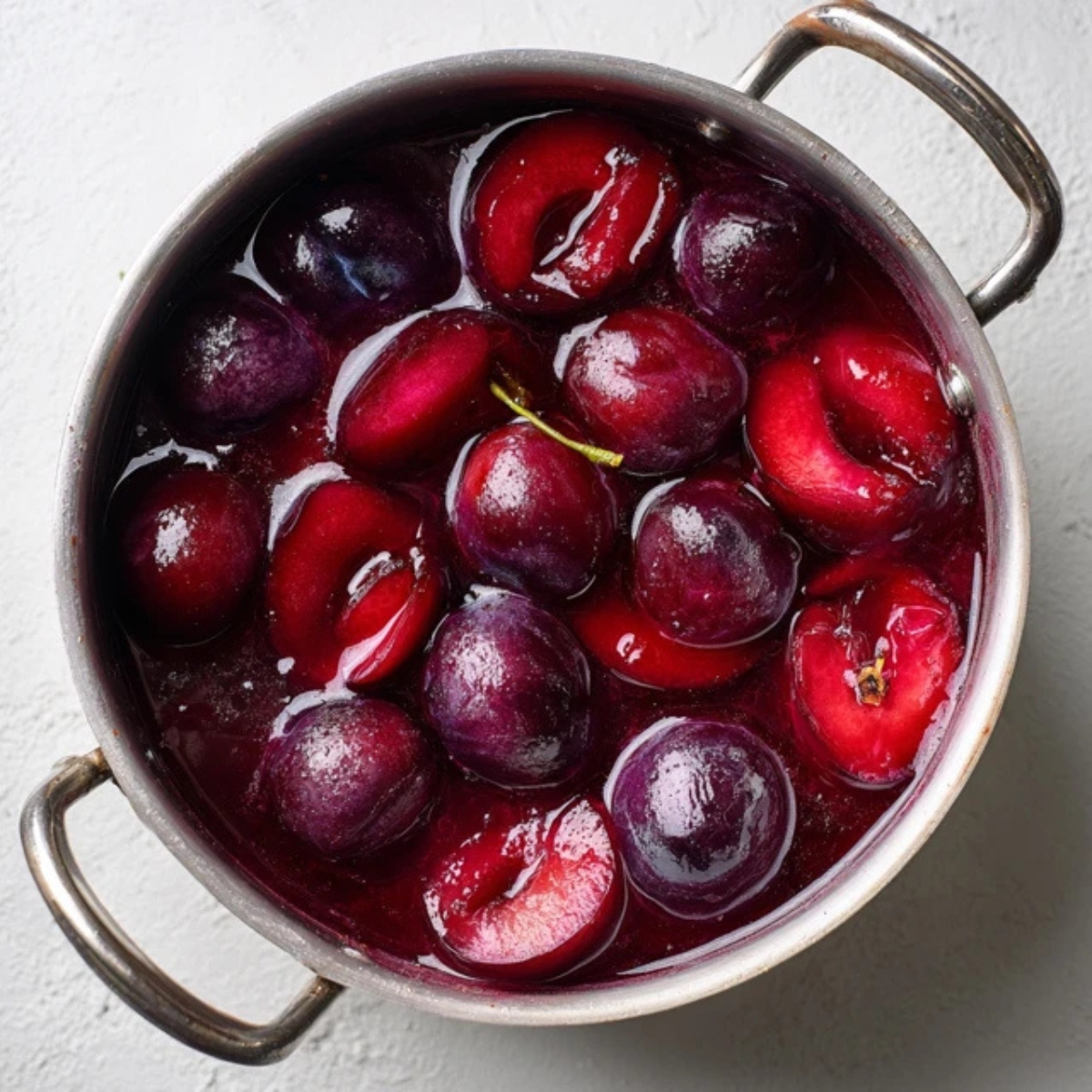 Simmered plums breaking down in a pot for jelly making

